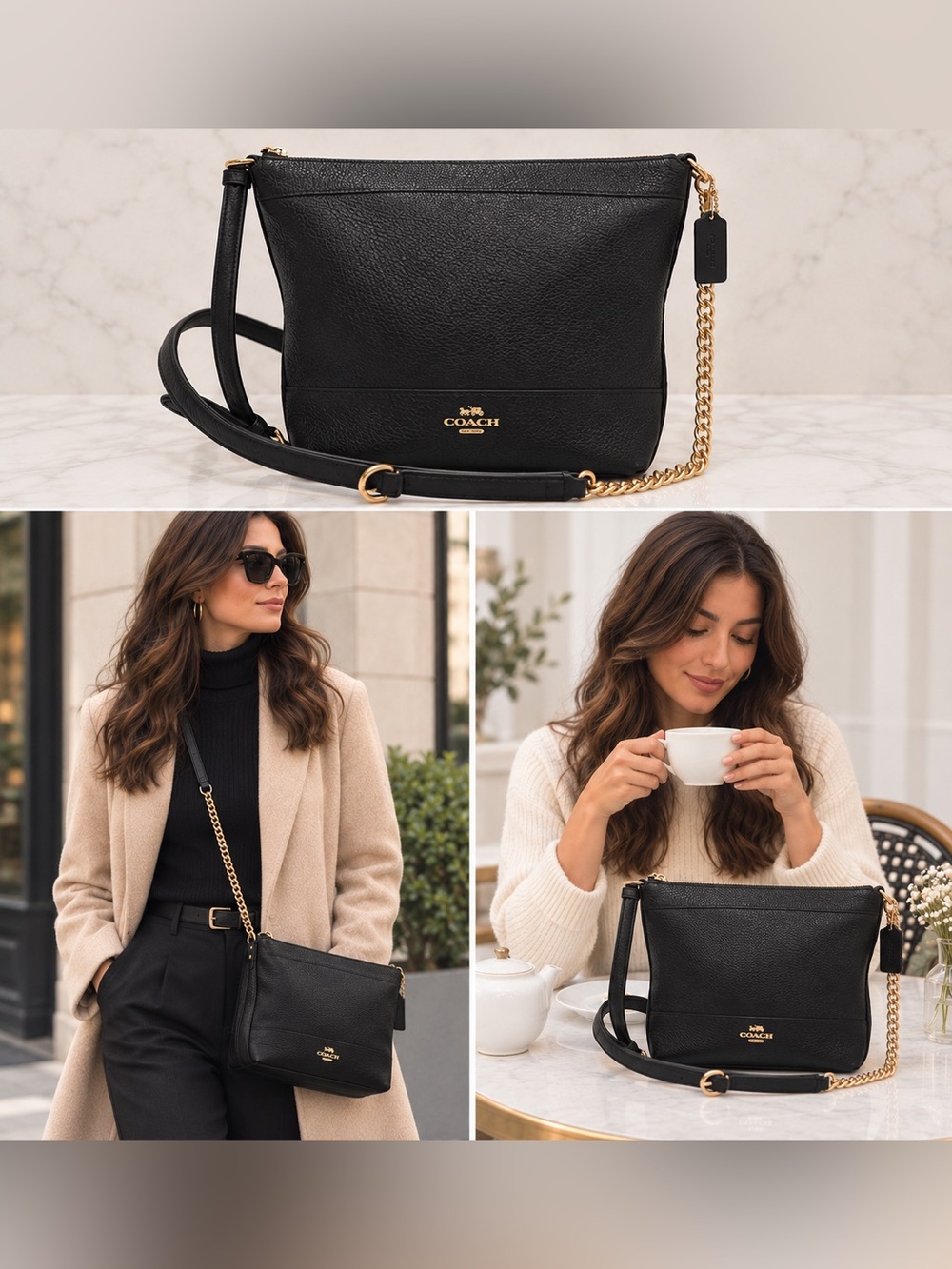 Coach Black Pebbled Leather Crossbody with Gold Chain Accent